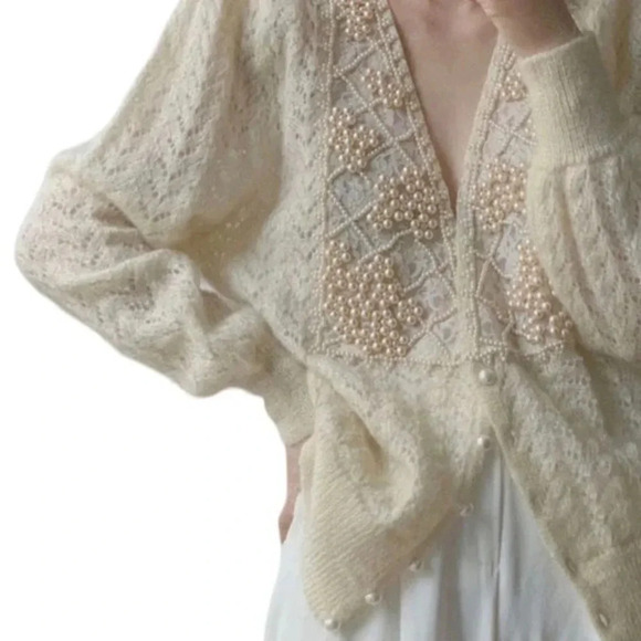 Vintage Style Pearl Encrusted Boho Cable Stitch Crème Cardigan Sweater New M - Picture 2 of 7